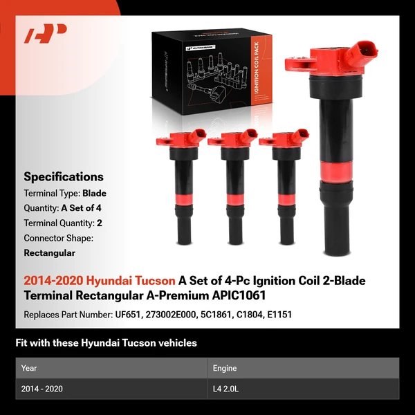 2014-2020 Hyundai Tucson A Set of 4-Pc Ignition Coil 2-Blade Terminal Rectangular A-Premium APIC1061