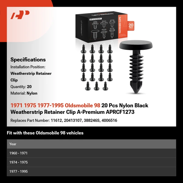 1971 1975 1977-1995 Oldsmobile 98 20 Pcs Nylon Black Weatherstrip Retainer Clip A-Premium APRCF1273
