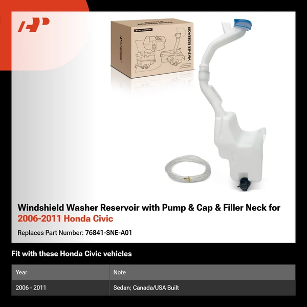 Windshield Washer Reservoir with Pump & Cap & Filler Neck for 2006-2011 Honda Civic