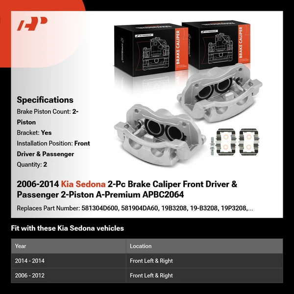 2006-2014 Kia Sedona 2-Pc Brake Caliper Front Driver & Passenger 2-Piston A-Premium APBC2064