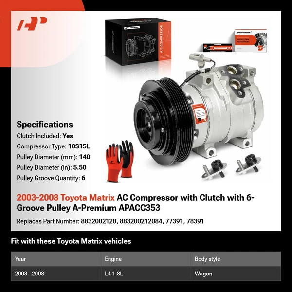 2003-2008 Toyota Matrix AC Compressor with Clutch with 6-Groove Pulley A-Premium APACC353