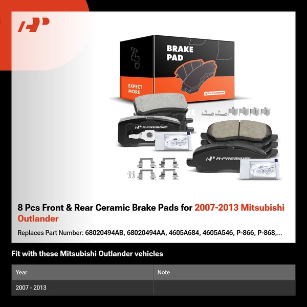 8 Pcs Front & Rear Ceramic Brake Pads for 2007-2013 Mitsubishi Outlander