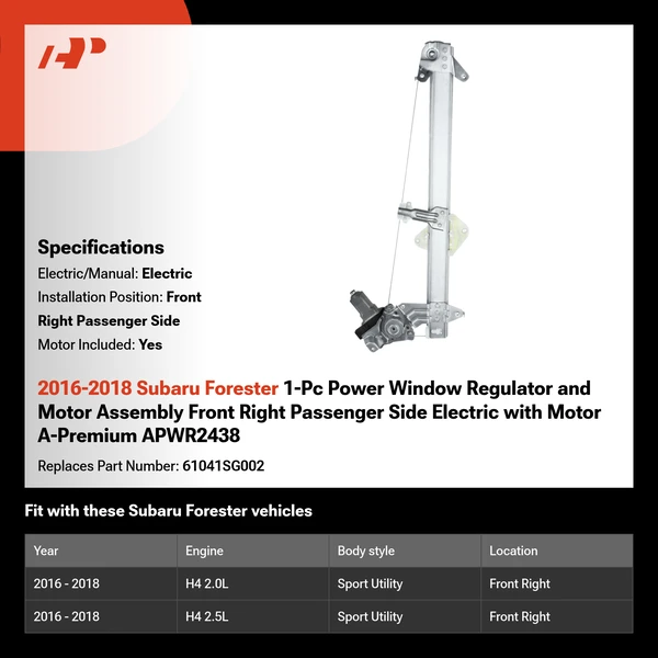 2016-2018 Subaru Forester 1-Pc Power Window Regulator and Motor Assembly Front Right Passenger Side Electric with Motor A-Premium APWR2438