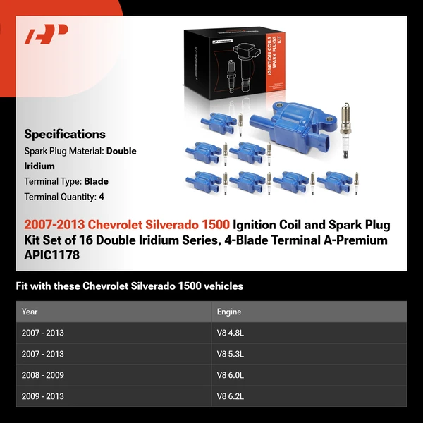 2007-2013 Chevrolet Silverado 1500 Ignition Coil and Spark Plug Kit Set of 16 Double Iridium Series, 4-Blade Terminal A-Premium APIC1178