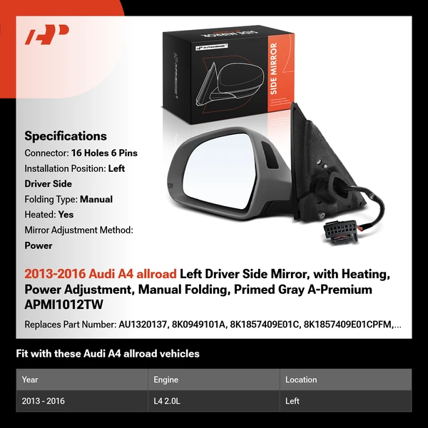 2013-2016 Audi A4 allroad Left Driver Side Mirror, with Heating, Power Adjustment, Manual Folding, Primed Gray A-Premium APMI1012TW