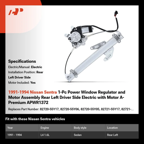 1991-1994 Nissan Sentra 1-Pc Power Window Regulator and Motor Assembly Rear Left Driver Side Electric with Motor A-Premium APWR1372