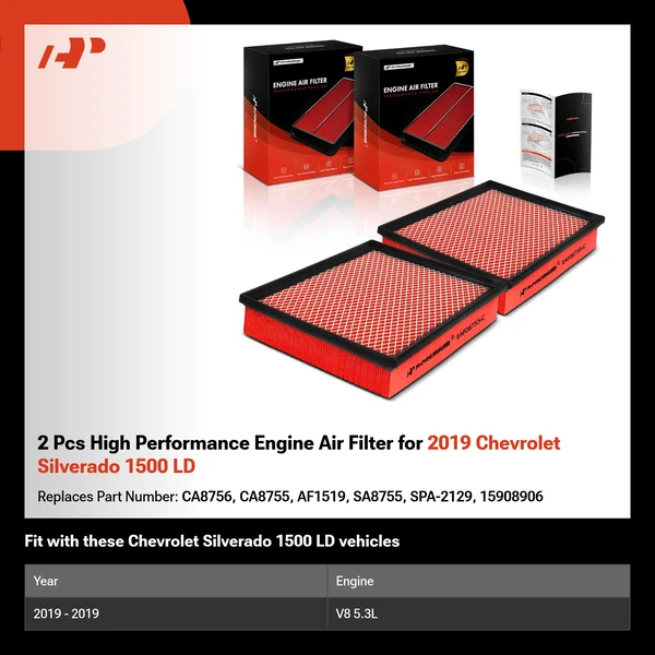 2 Pcs High Performance Engine Air Filter for 2019 Chevrolet Silverado 1500 LD