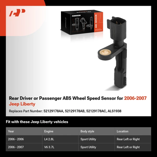 Rear Driver or Passenger ABS Wheel Speed Sensor for 2006-2007 Jeep Liberty