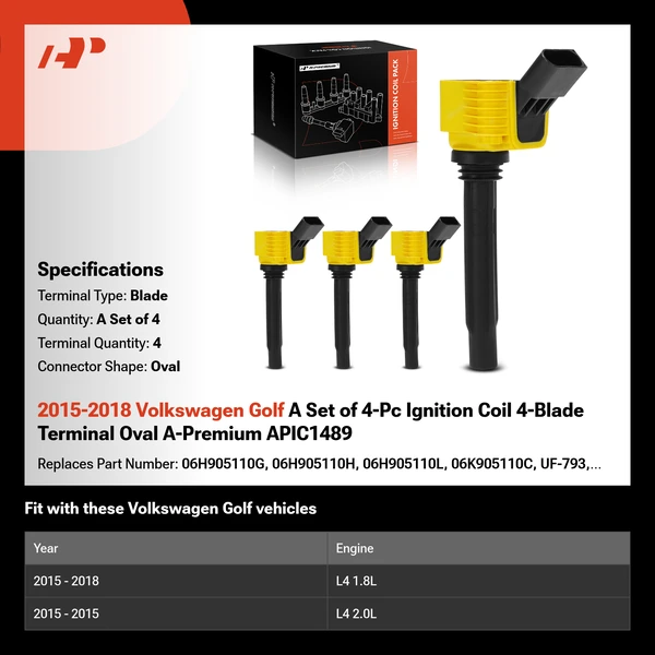 2015-2018 Volkswagen Golf A Set of 4-Pc Ignition Coil 4-Blade Terminal Oval A-Premium APIC1489