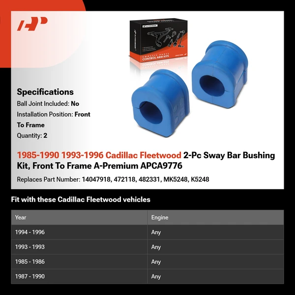 1985-1990 1993-1996 Cadillac Fleetwood 2-Pc Sway Bar Bushing Kit, Front To Frame A-Premium APCA9776