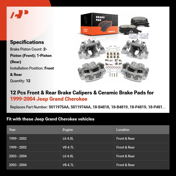 12 Pcs Front & Rear Brake Calipers & Ceramic Brake Pads for 1999-2004 Jeep Grand Cherokee