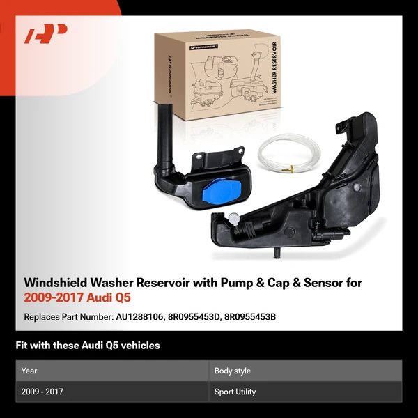 Windshield Washer Reservoir with Pump & Cap & Sensor for 2009-2017 Audi Q5