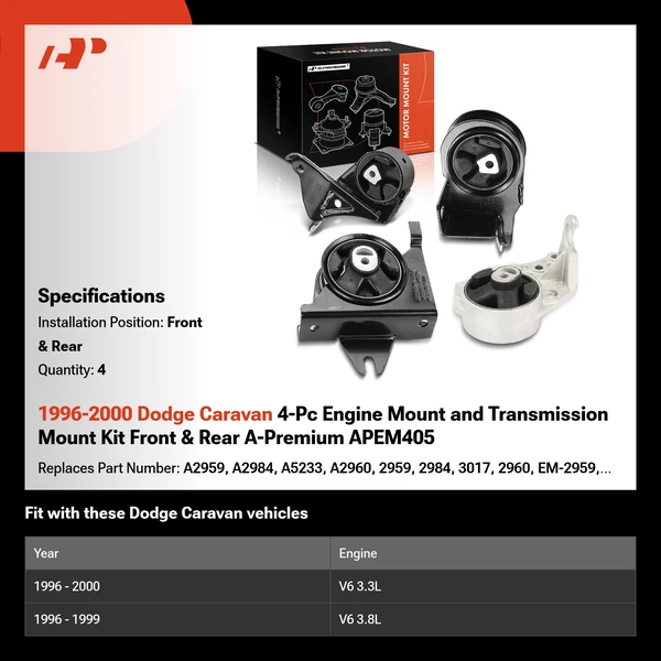 1996-2000 Dodge Caravan 4-Pc Engine Mount and Transmission Mount Kit Front & Rear A-Premium APEM405