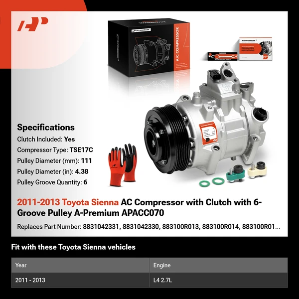 2011-2013 Toyota Sienna AC Compressor with Clutch with 6-Groove Pulley A-Premium APACC070