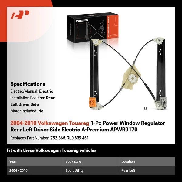 2004-2010 Volkswagen Touareg 1-Pc Power Window Regulator Rear Left Driver Side Electric A-Premium APWR0170