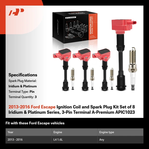 2013-2016 Ford Escape Ignition Coil and Spark Plug Kit Set of 8 Iridium & Platinum Series, 3-Pin Terminal A-Premium APIC1023