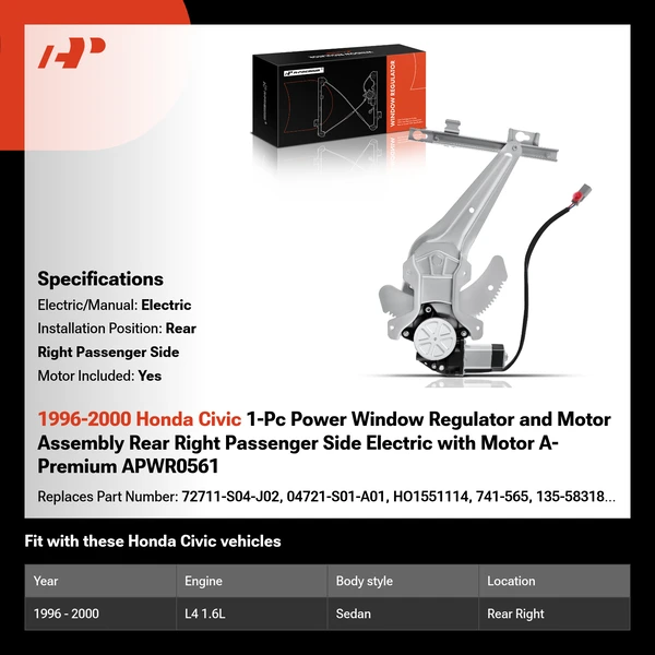 1996-2000 Honda Civic 1-Pc Power Window Regulator and Motor Assembly Rear Right Passenger Side Electric with Motor A-Premium APWR0561