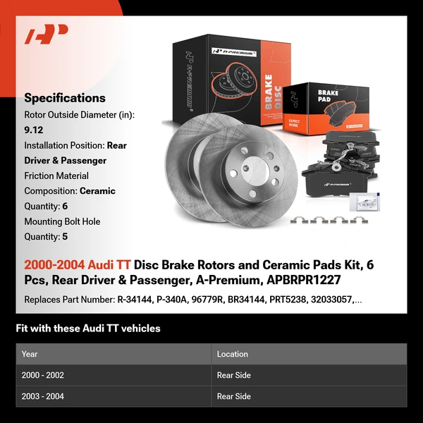 2000-2004 Audi TT Disc Brake Rotors and Ceramic Pads Kit, 6 Pcs, Rear Driver & Passenger, A-Premium, APBRPR1227