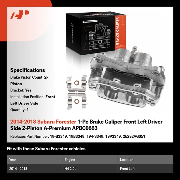 2014-2018 Subaru Forester 1-Pc Brake Caliper Front Left Driver Side 2-Piston A-Premium APBC0663