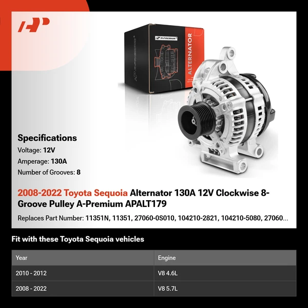2008-2022 Toyota Sequoia Alternator 130A 12V Clockwise 8-Groove Pulley A-Premium APALT179
