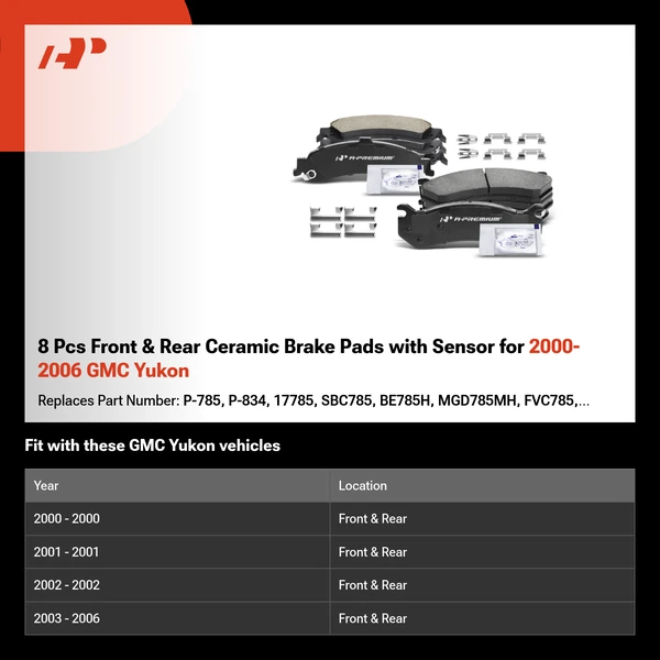 8 Pcs Front & Rear Ceramic Brake Pads with Sensor for 2000-2006 GMC Yukon