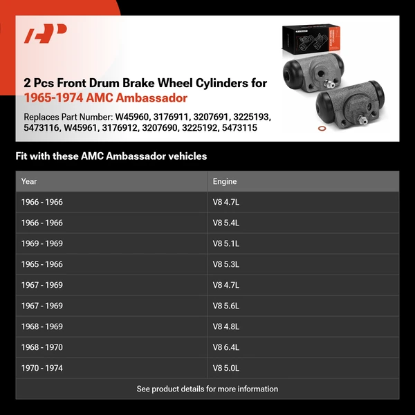 2 Pcs Front Drum Brake Wheel Cylinders for 1965-1974 AMC Ambassador
