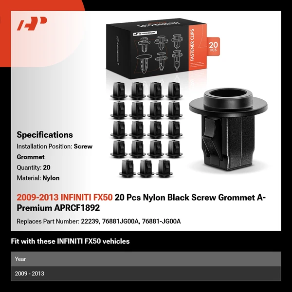 2009-2013 INFINITI FX50 20 Pcs Nylon Black Screw Grommet A-Premium APRCF1892