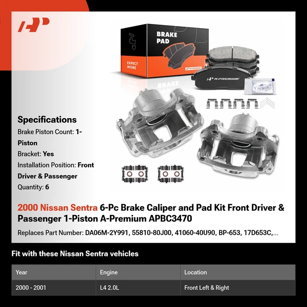 2000 Nissan Sentra 6-Pc Brake Caliper and Pad Kit Front Driver & Passenger 1-Piston A-Premium APBC3470