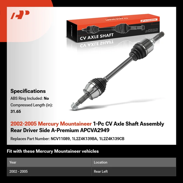 2002-2005 Mercury Mountaineer 1-Pc CV Axle Shaft Assembly Rear Driver Side A-Premium APCVA2949
