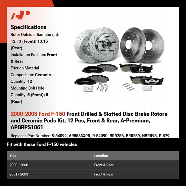 2000-2003 Ford F-150 Front Drilled & Slotted Disc Brake Rotors and Ceramic Pads Kit, 12 Pcs, Front & Rear, A-Premium, APBRPS1061