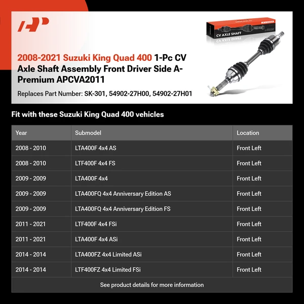 2008-2021 Suzuki King Quad 400 1-Pc CV Axle Shaft Assembly Front Driver Side A-Premium APCVA2011