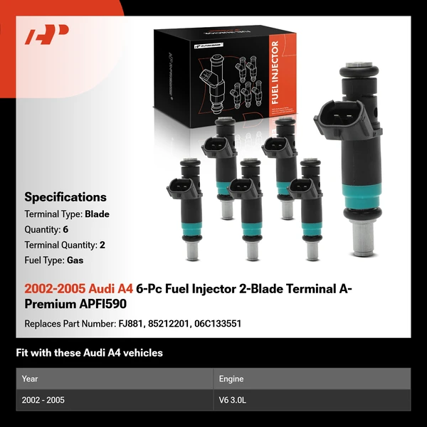 2002-2005 Audi A4 6-Pc Fuel Injector 2-Blade Terminal A-Premium APFI590