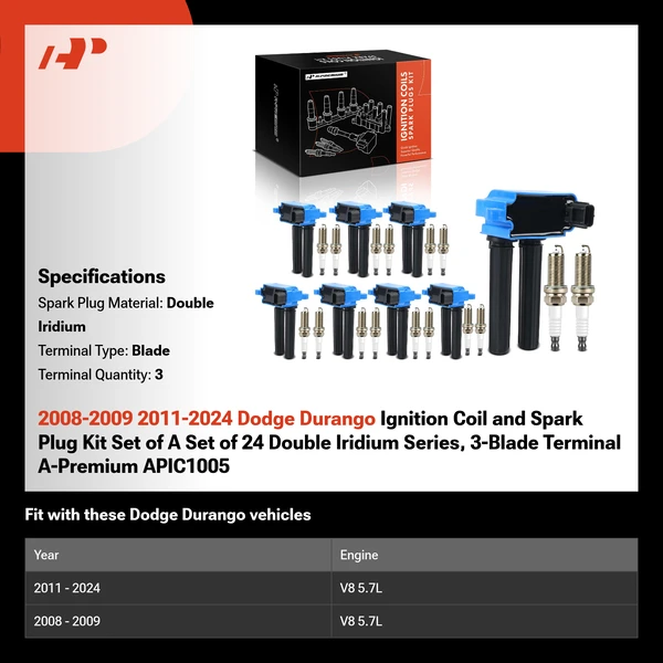 2008-2009 2011-2024 Dodge Durango Ignition Coil and Spark Plug Kit Set of A Set of 24 Double Iridium Series, 3-Blade Terminal A-Premium APIC1005