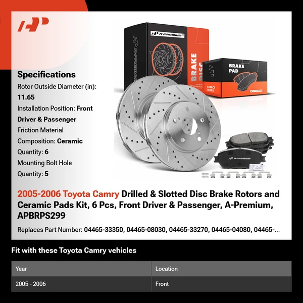 2005-2006 Toyota Camry Drilled & Slotted Disc Brake Rotors and Ceramic Pads Kit, 6 Pcs, Front Driver & Passenger, A-Premium, APBRPS299