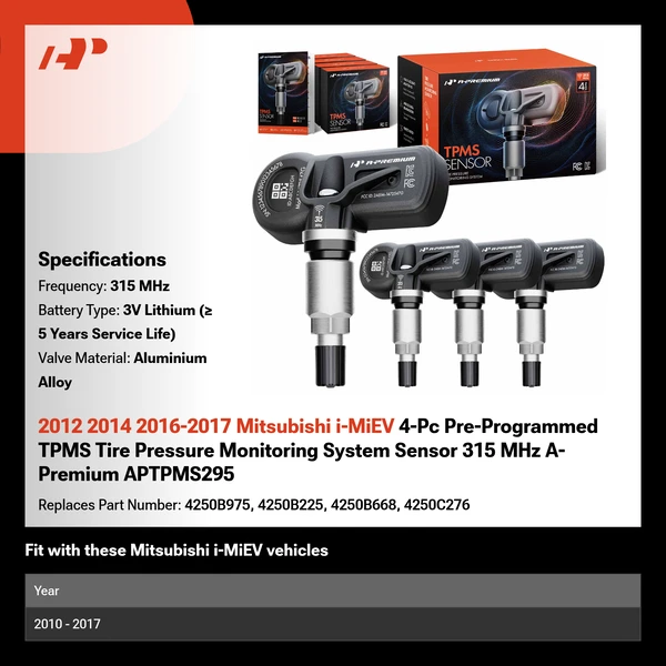 2012 2014 2016-2017 Mitsubishi i-MiEV 4-Pc Pre-Programmed TPMS Tire Pressure Monitoring System Sensor 315 MHz A-Premium APTPMS295