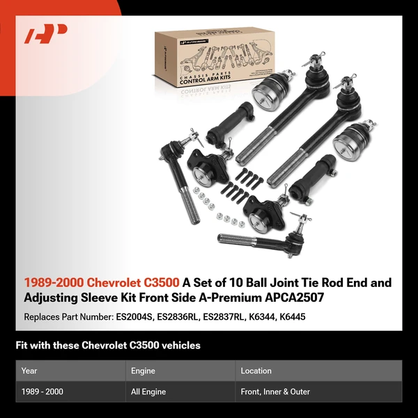 1989-2000 Chevrolet C3500 A Set of 10 Ball Joint Tie Rod End and Adjusting Sleeve Kit Front Side A-Premium APCA2507