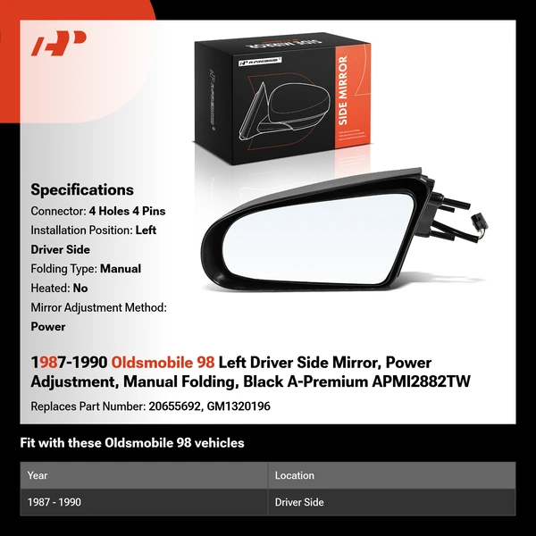1987-1990 Oldsmobile 98 Left Driver Side Mirror, Power Adjustment, Manual Folding, Black A-Premium APMI2882TW