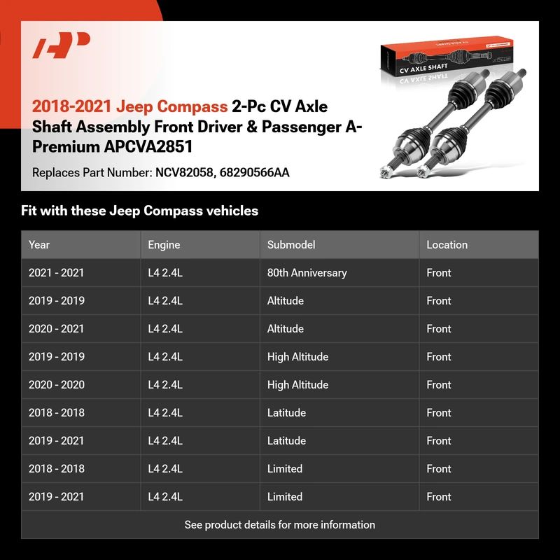 2018-2021 Jeep Compass 2-Pc CV Axle Shaft Assembly Front Driver & Passenger A-Premium APCVA2851