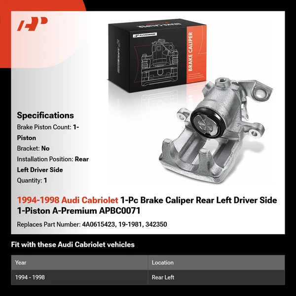 1994-1998 Audi Cabriolet 1-Pc Brake Caliper Rear Left Driver Side 1-Piston A-Premium APBC0071