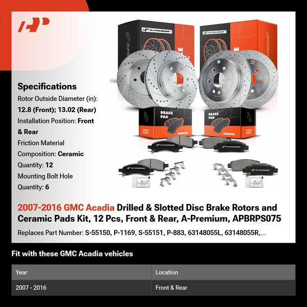 2007-2016 GMC Acadia Drilled & Slotted Disc Brake Rotors and Ceramic Pads Kit, 12 Pcs, Front & Rear, A-Premium, APBRPS075