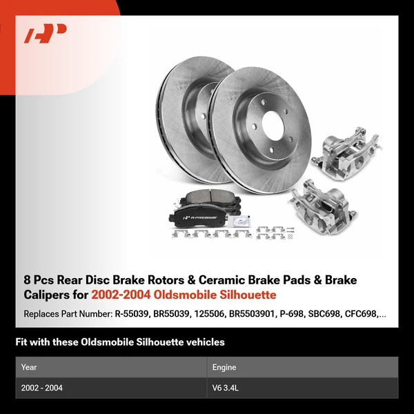 8 Pcs Rear Disc Brake Rotors & Ceramic Brake Pads & Brake Calipers for 2002-2004 Oldsmobile Silhouette