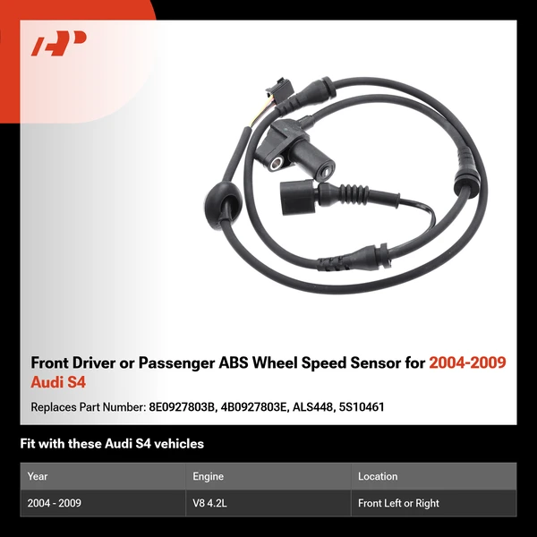 Front Driver or Passenger ABS Wheel Speed Sensor for 2004-2009 Audi S4