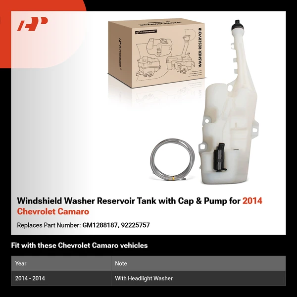 Windshield Washer Reservoir Tank with Cap & Pump for 2014 Chevrolet Camaro
