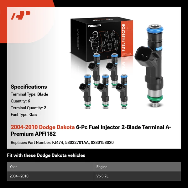 2004-2010 Dodge Dakota 6-Pc Fuel Injector 2-Blade Terminal A-Premium APFI182