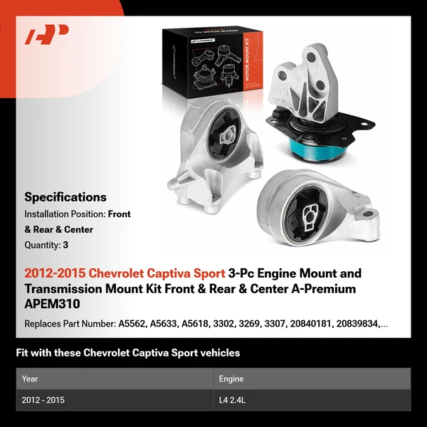 2012-2015 Chevrolet Captiva Sport 3-Pc Engine Mount and Transmission Mount Kit Front & Rear & Center A-Premium APEM310