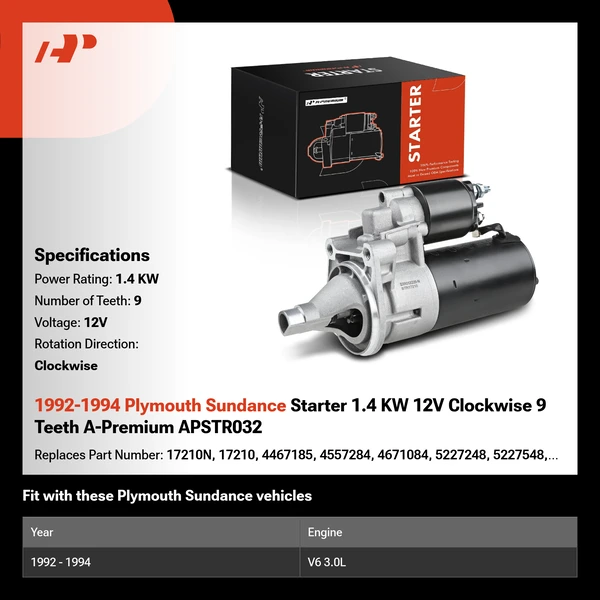 1992-1994 Plymouth Sundance Starter 1.4 KW 12V Clockwise 9 Teeth A-Premium APSTR032