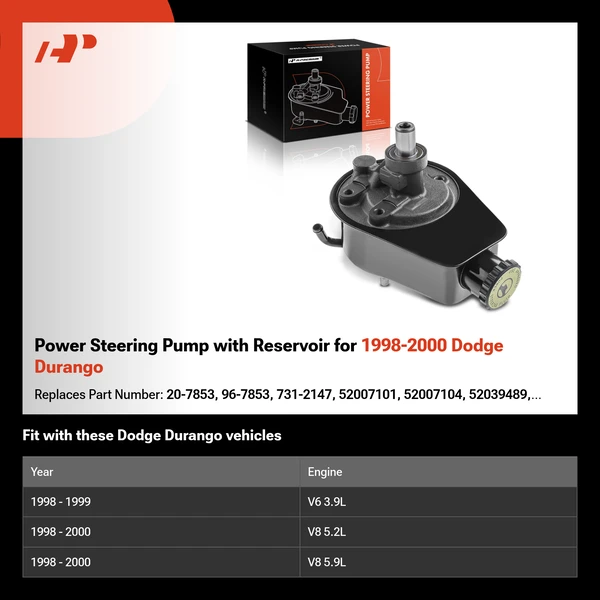 Power Steering Pump with Reservoir for 1998-2000 Dodge Durango