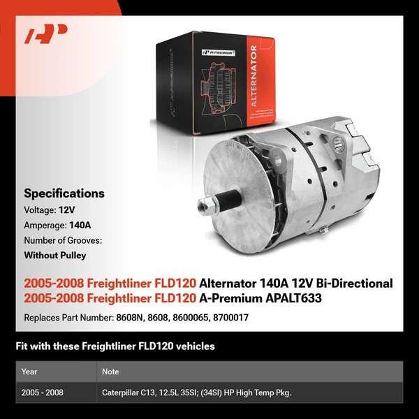 2005-2008 Freightliner FLD120 Alternator 140A 12V Bi-Directional 2005-2008 Freightliner FLD120 A-Premium APALT633