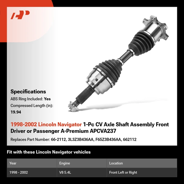 1998-2002 Lincoln Navigator 1-Pc CV Axle Shaft Assembly Front Driver or Passenger A-Premium APCVA237