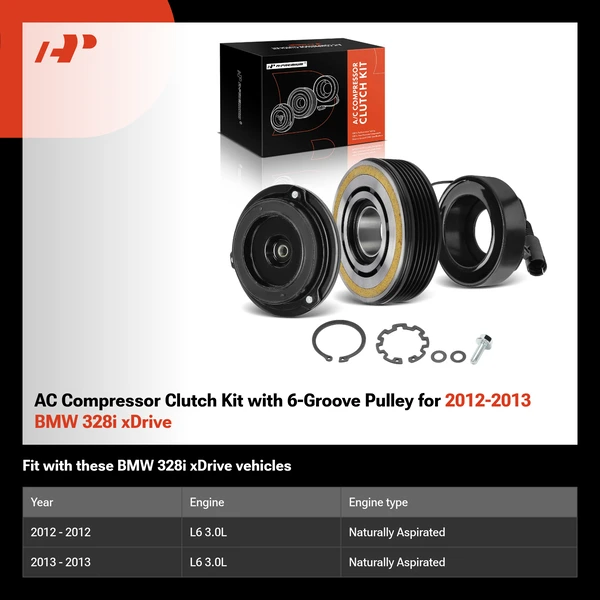 AC Compressor Clutch Kit with 6-Groove Pulley for 2012-2013 BMW 328i xDrive